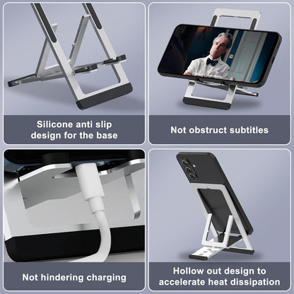 Cell Phone Stand,Aluminum Foldable Phone Holder for Desk,Adjustable Phone Kickstands Travel Essentials for iPhone 17 16 15 14 13 12 11 Pro Max Plus Samsung S25 S24 S23 Ultra Plus-Silver