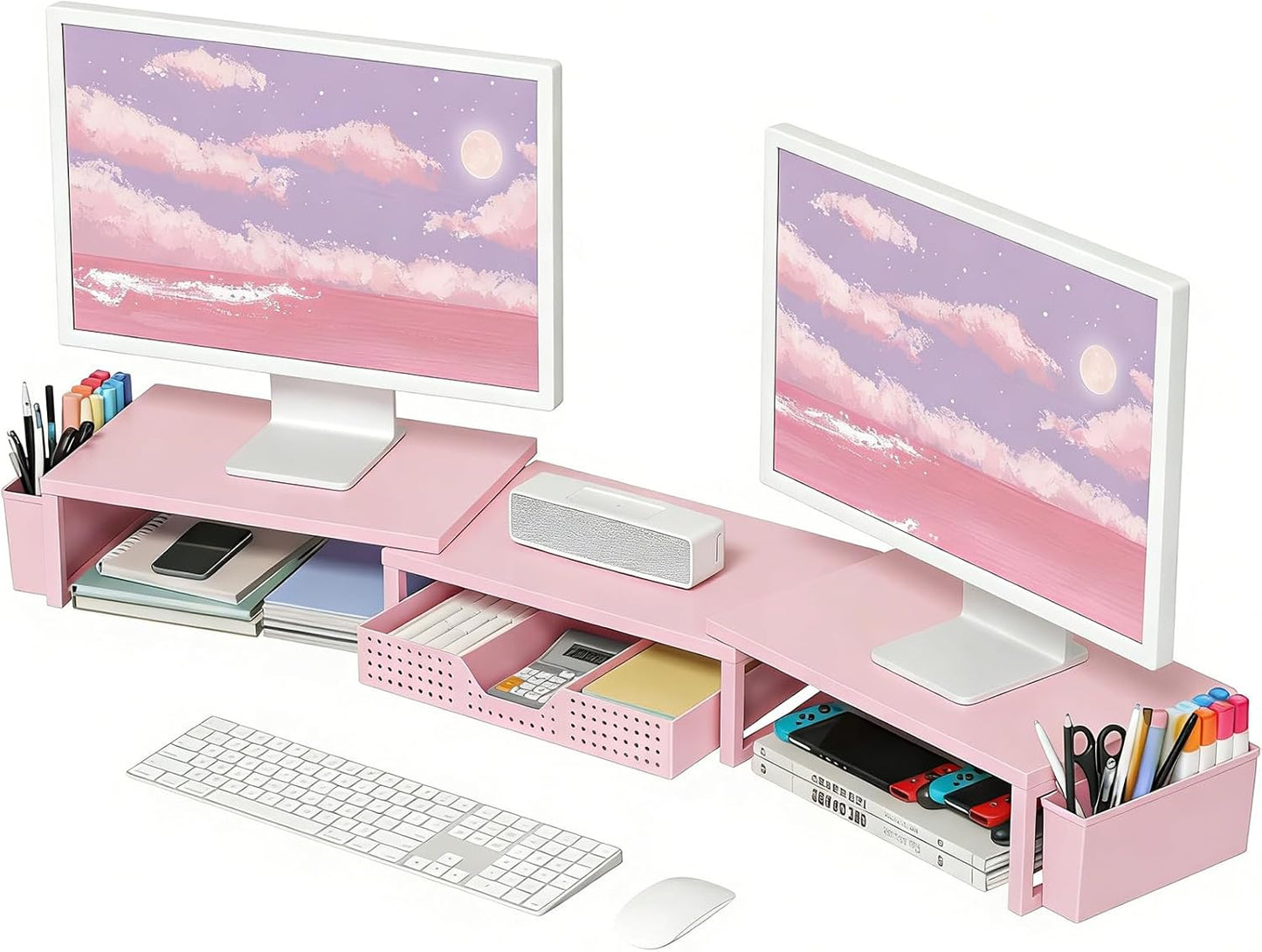 OPNICE Clear Acrylic Desk Organizers and Accessories, Dual Monitor Stand Riser with Drawer, Desk Shelf Computer Racks for Office Workspace Organizers, Desktop Organization (Transparent)