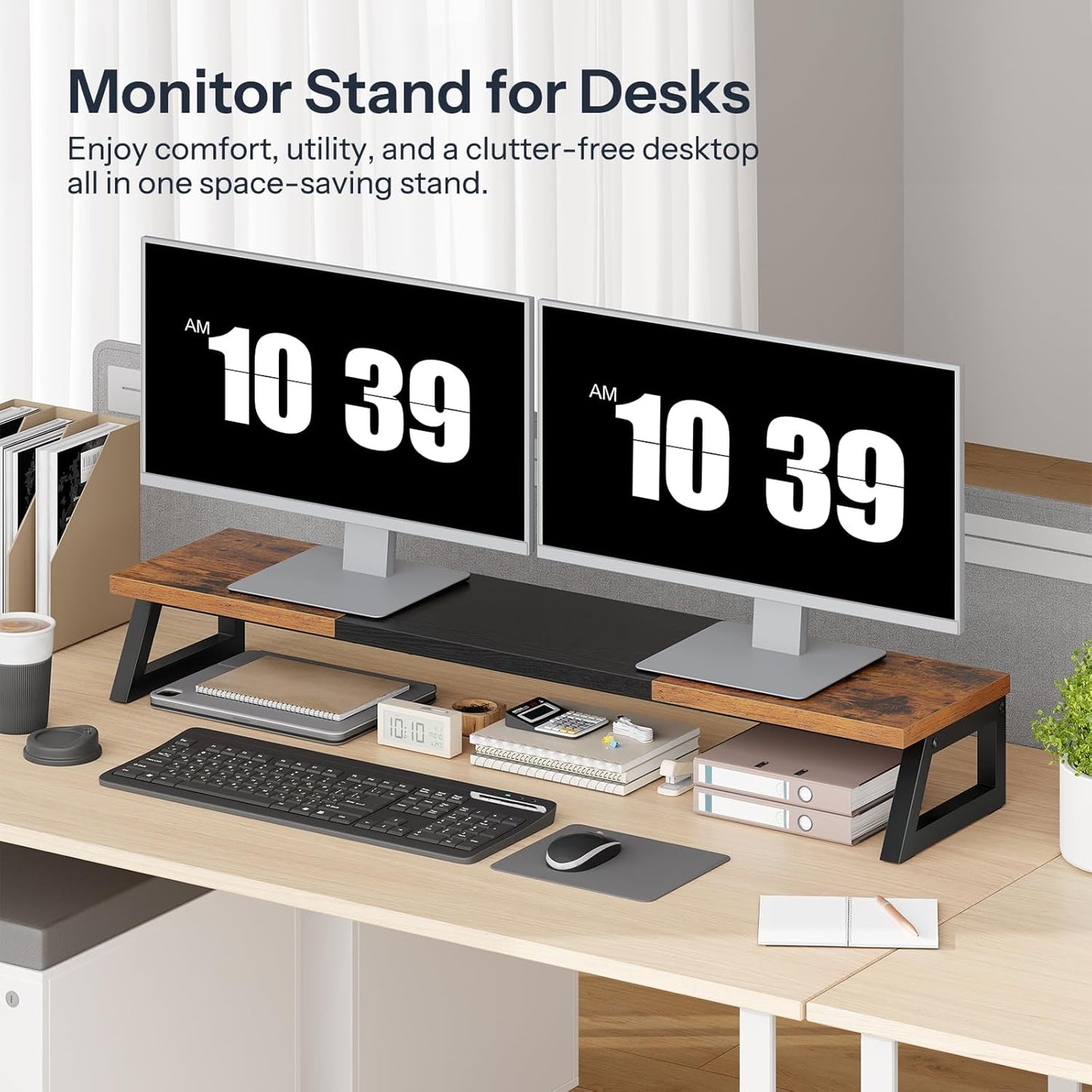 HOOBRO Dual Monitor Stand Riser, 39 Inch Large Computer Monitor Stand for 2 Monitors, Computer Monitor Riser, Desk Shelf Organizer for Office Desk, Accessories, Black BB121CJ01