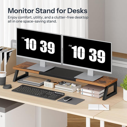HOOBRO Dual Monitor Stand Riser, 39 Inch Large Computer Monitor Stand for 2 Monitors, Computer Monitor Riser, Desk Shelf Organizer for Office Desk, Accessories, Black BB121CJ01