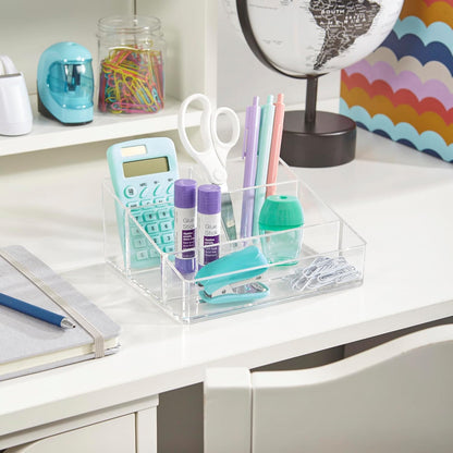STORi Clear Plastic Small Countertop Vanity Makeup Organizer, Compact Rectangular 4-Compartment Holder for Brushes, Eyeshadow Palettes, & Beauty Supplies, Made in USA