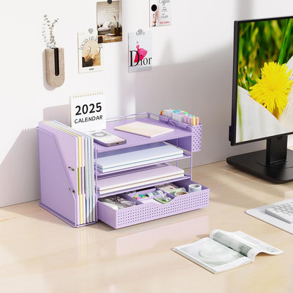 gianotter Wood Desk Organizers and Accessories with File Holder, 4-Tier Desk Accessories & Workspace Organizers with Drawer and Pen Holder, Desk Reference Organizer (Wood)