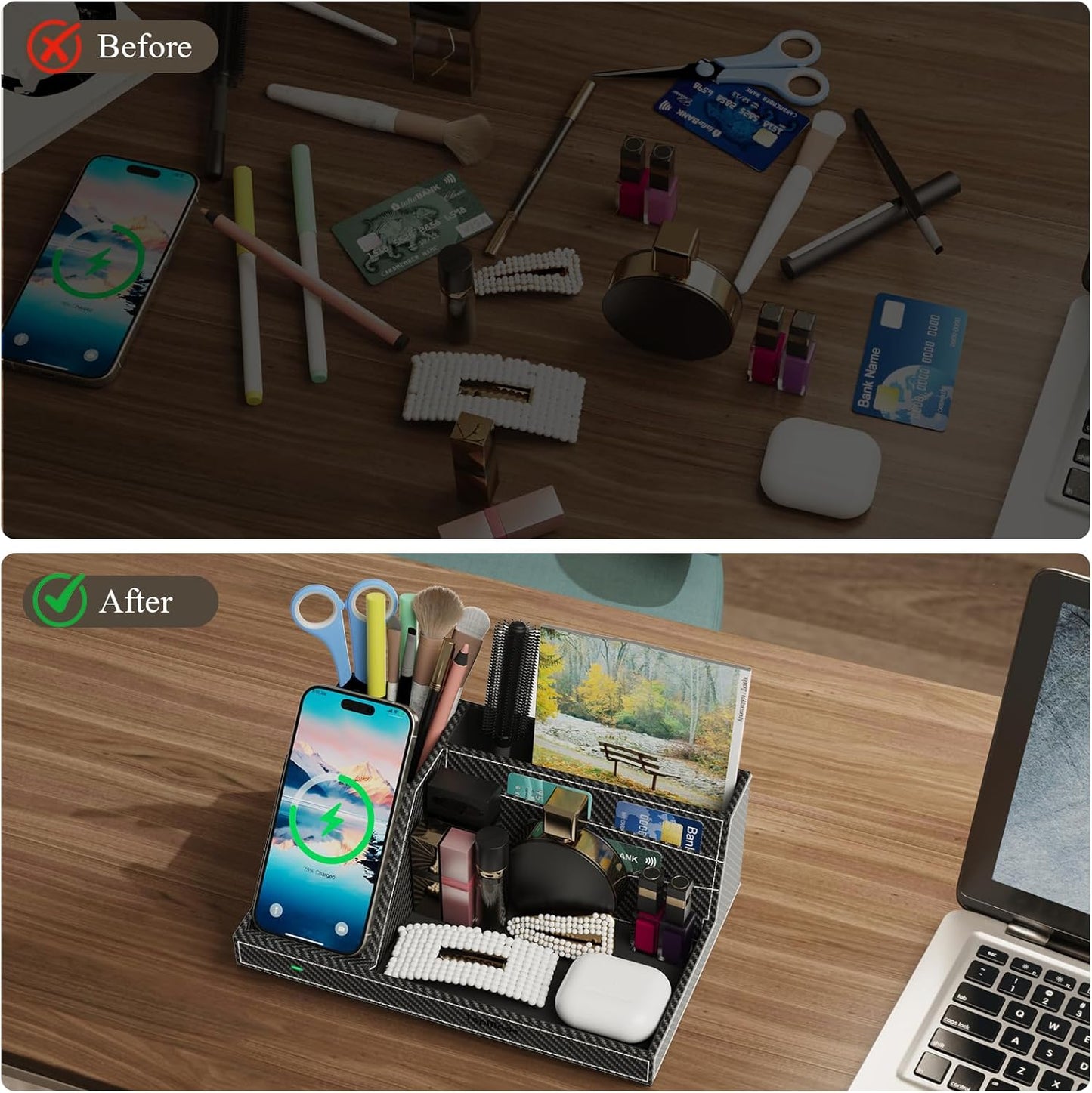 TopMade Wireless Charger Desk Nightstand Organizer, Leather Pen Holder Office Supplies Desk Accessories Fast Charging Station, Remote Control Holder, for iphone Charger Stand Gifts for Men (Black)
