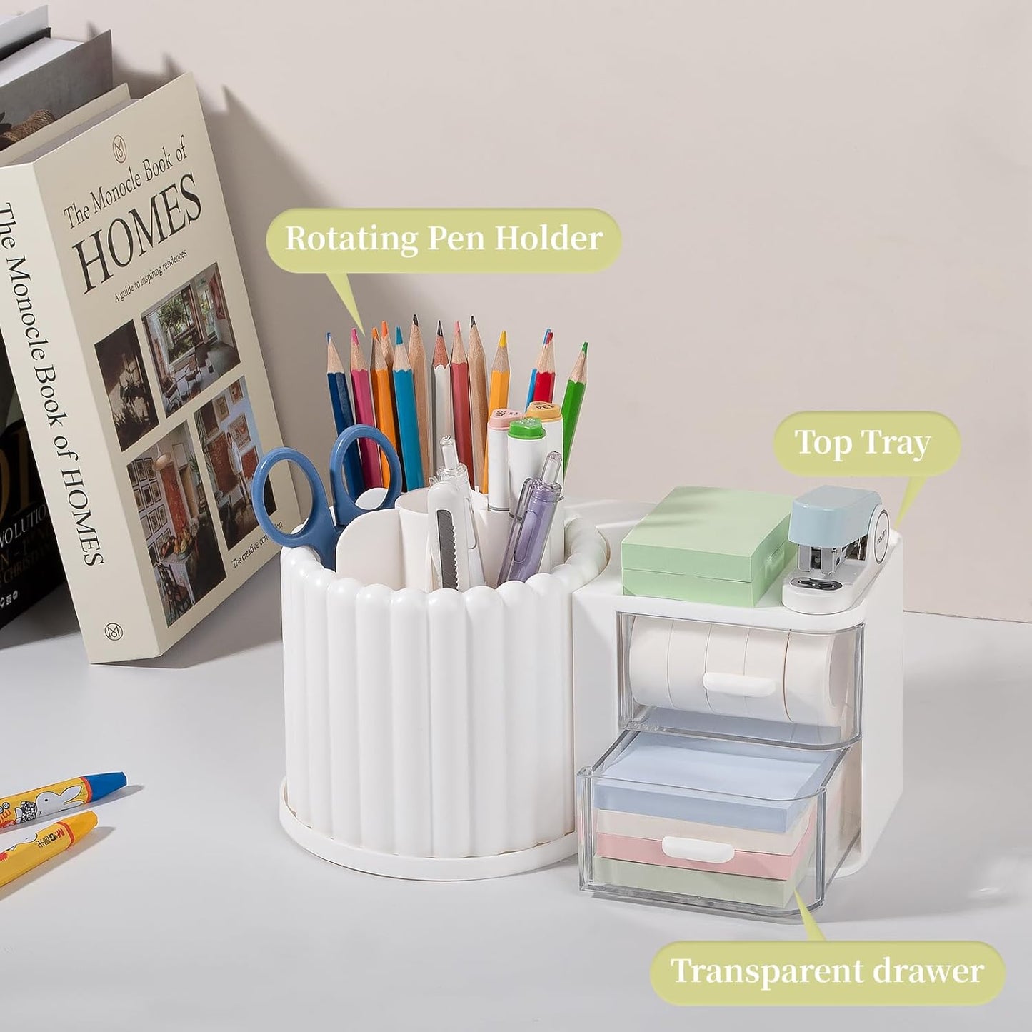 Anyoifax 360° Rotating Pen Holder 7 Slots Desk Organizer Removable Pencil Cup Plastic Art Supplies and Accessories Desktop Storage Box Caddy for Office, School, Home (White)