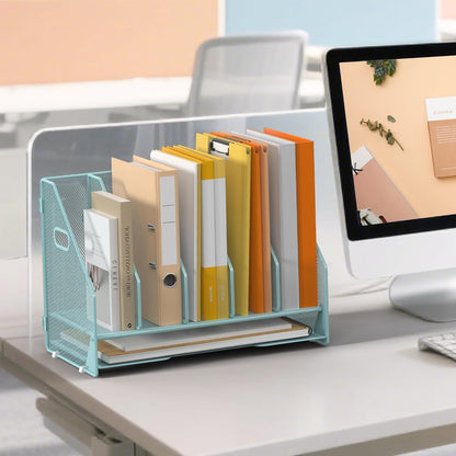 Desk File Folder Holder Organizer-5 Vertical Compartments Racks and Paper Letter Tray,Mesh Magazine File Holder Sorter,Desktop Accessories & Workspace Organizers for Home,Office,School-Black