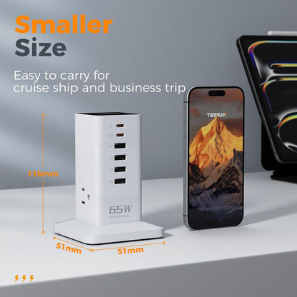 Charging Station for Multiple Devices, TESSAN 9-in-1 USB C Power Strip for iPhone 17/16/15, MacBook, Tablet, Desktop Phone Fast Charger with 3 AC, USB Charger, Home Drom Office Accessories, White-65W