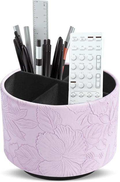 Hennaja Round Leather Art Supply Organizer,Remote Control Holder,360 Degree Rotating,Multi-Functional Pencil Holder,4 Compartments Desktop Stationary Organizer(1-Blue Bird) - Colors A
