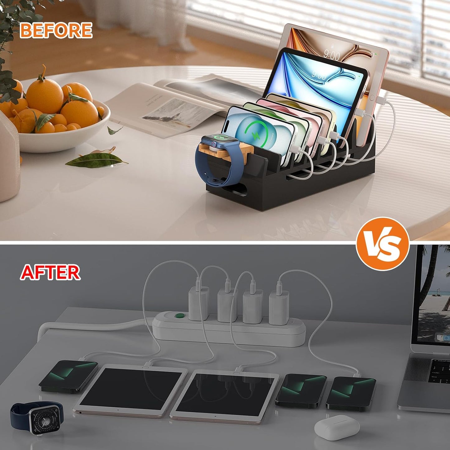 Pezin & Hulin Bamboo Charging Station with Watch Stand, Docking Holder for Multi Device with 5 Port USB Charger HUB, 5 Charge Cables, Desktop Electronic Organizer for Cellphone, Tablet, Watch