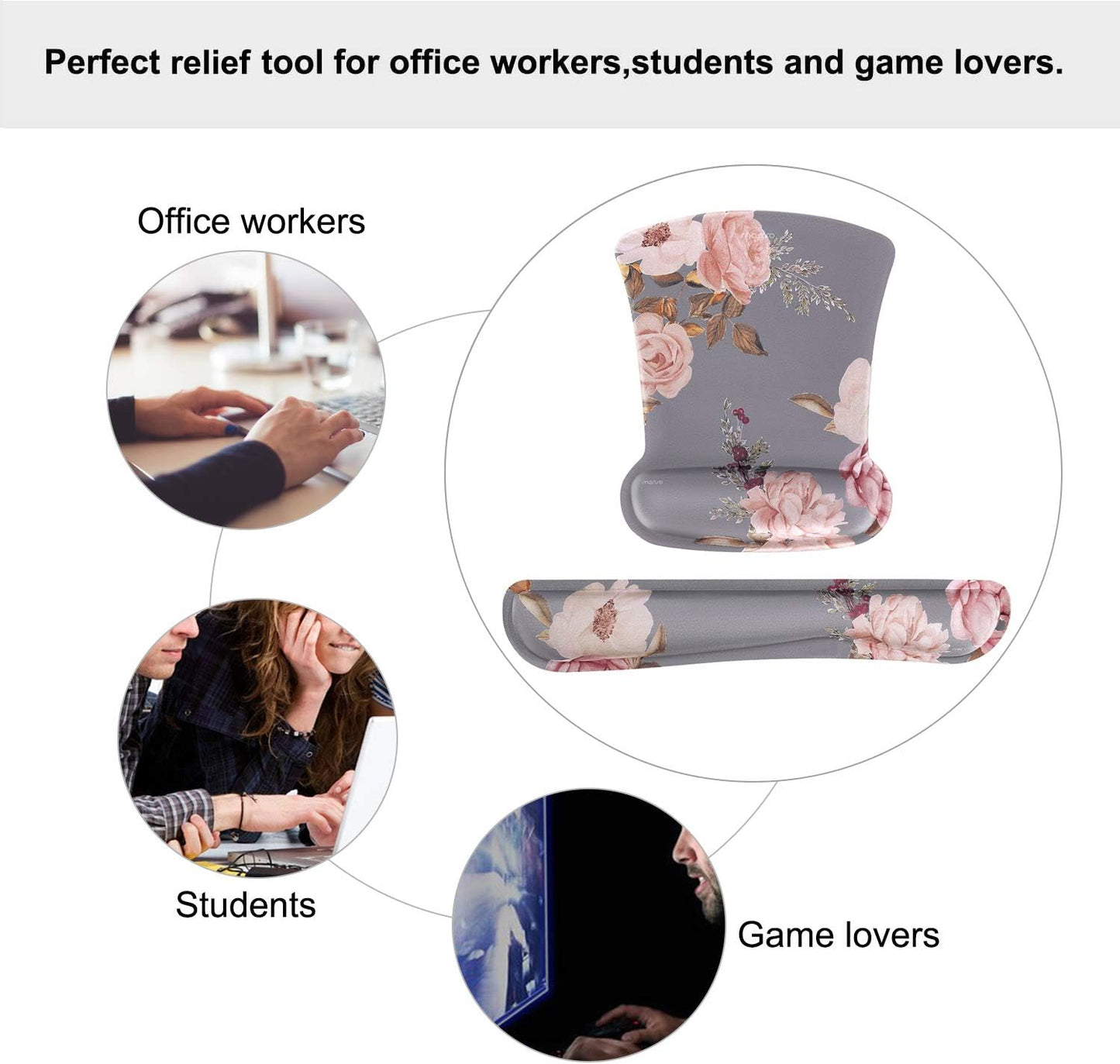 MOSISO Wrist Rest Support for Mouse Pad & Keyboard Set, Peony Ergonomic Mousepad Non-Slip Base Home/Office Pain Relief & Easy Typing Cushion with Neoprene Cloth & Raised Memory Foam, Black