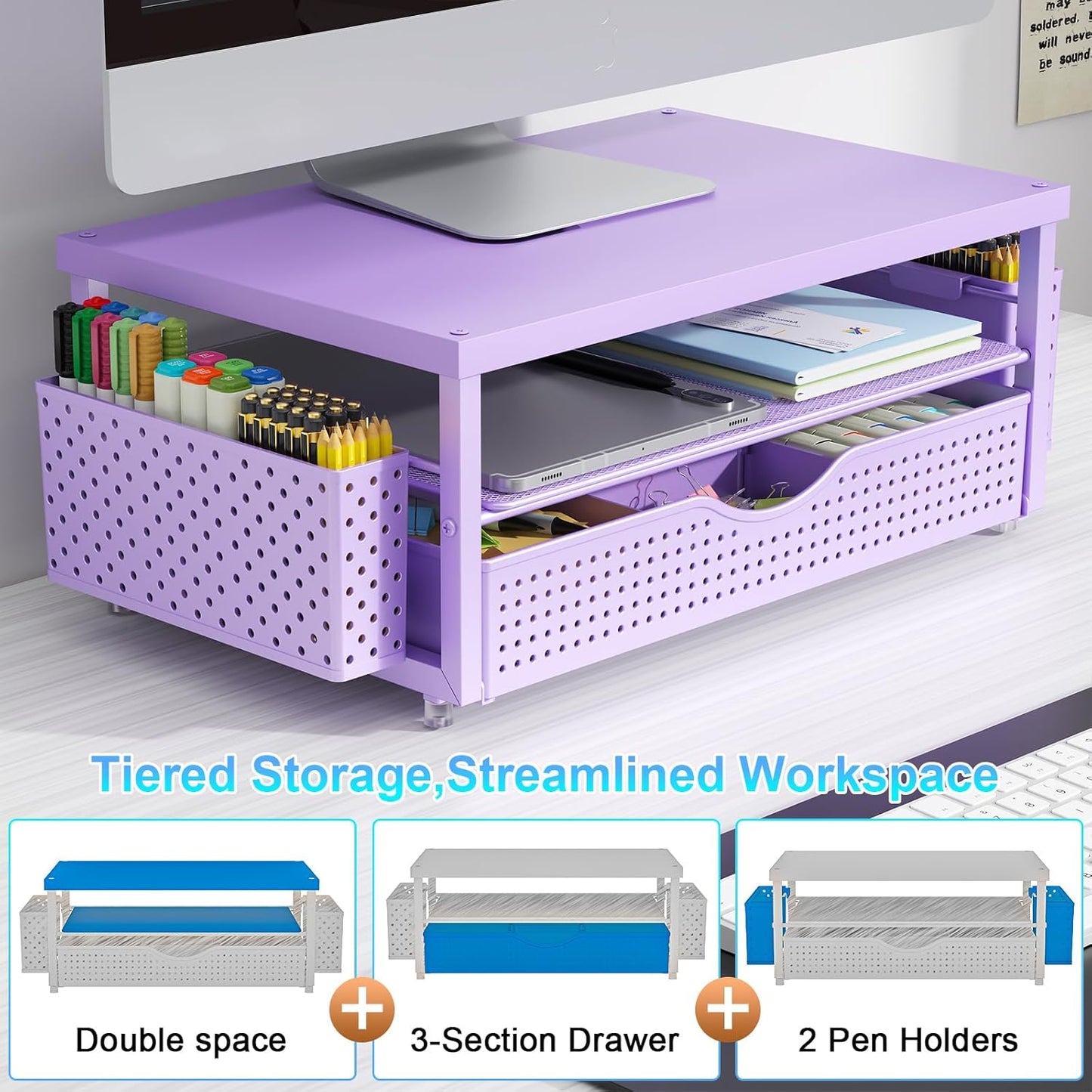 gianotter Wood Monitor Stand Riser, Office Desk Shelf Organizer, Desk Organizer with Drawer and Pen Holder, 2-Tier Computer Stand, Office Organization (Ink)