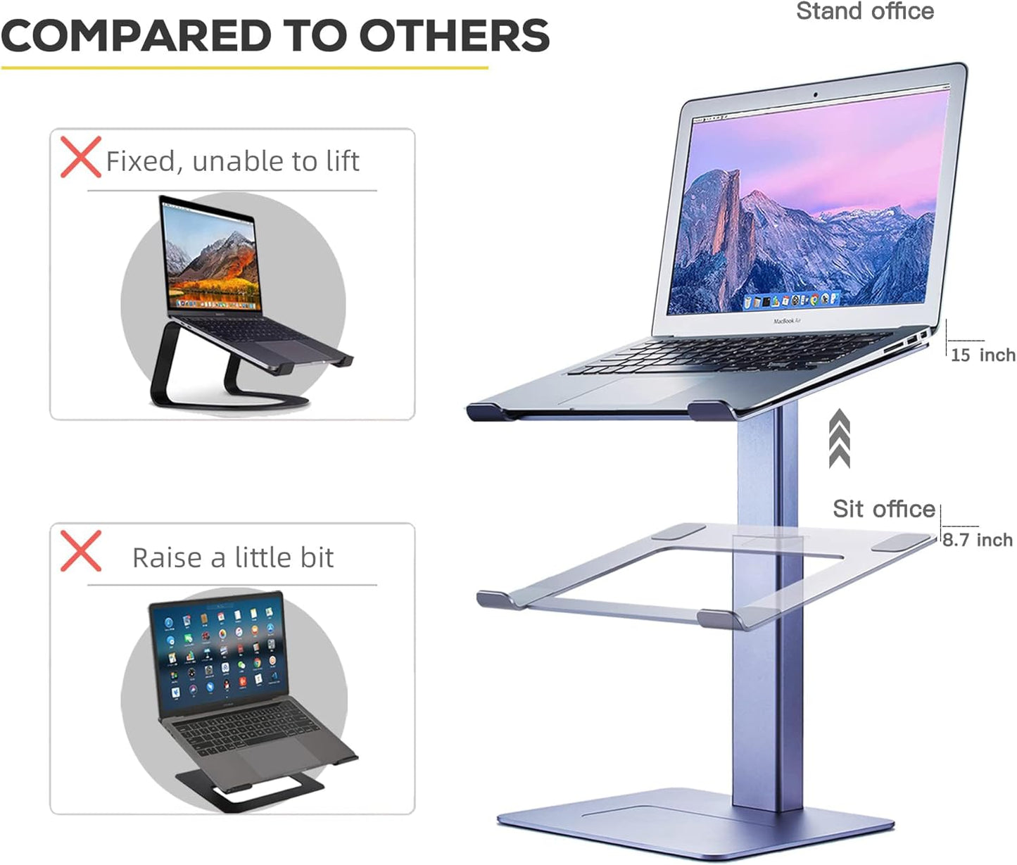 Laptop Stand for Desk, Ergonomic Aluminum Laptop Stand Adjustable Height from 7-15", Sitting and Standing Laptop Riser for 10-17" Notebook