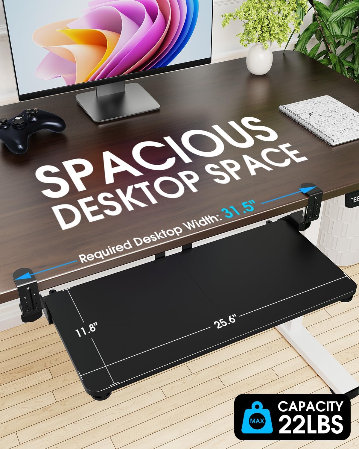 Large Keyboard Tray Under Desk, Pull Out Keyboard & Mouse Tray with Adjustable C-clamp, 25.6(31.5 Including Clamps) x 11.8 Inch Slide Out Computer Keyboard Drawer Mouse Tray for Typing, Brown