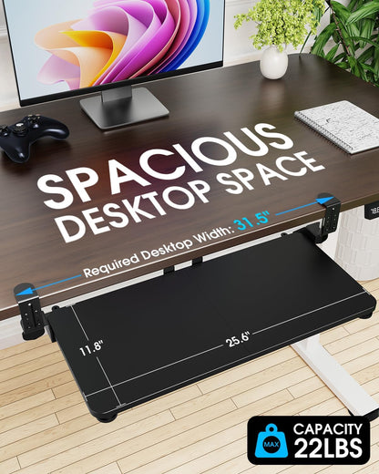 Large Keyboard Tray Under Desk, Pull Out Keyboard & Mouse Tray with Adjustable C-clamp, 25.6(31.5 Including Clamps) x 11.8 Inch Slide Out Computer Keyboard Drawer Mouse Tray for Typing, Brown