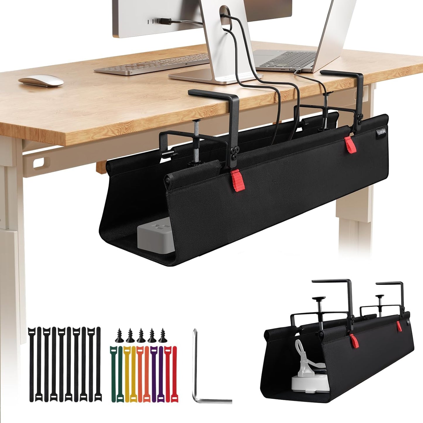 Under Desk Cable Management Tray with Clamp, No Drill 36" Cord Organizer for Desk, Desk Cable Management Fabric Tray for Standing Desks, Ideal for Home & Office - White