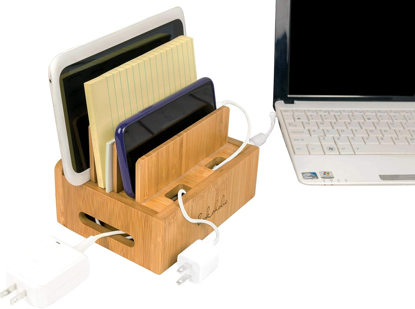 Bamboo Charging Station & Multi-Device Organizer – Large Capacity Desktop Dock for Smartphones, iPhone, iPad, and Tablets