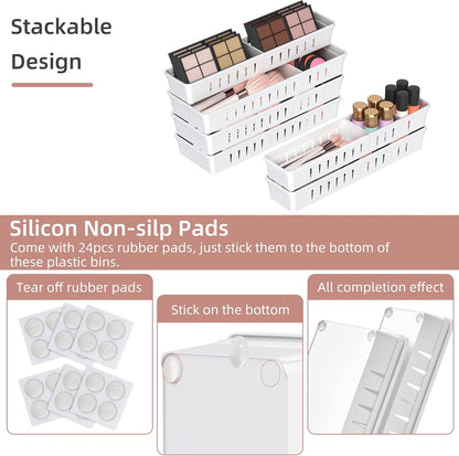 Desk Drawer Organizer Tray, 4 Pack Expandable Drawer Organizer with Dividers Adjustable, Bathroom Organizer Bins for Junk, Office, Makeup, Kitchen Utensil