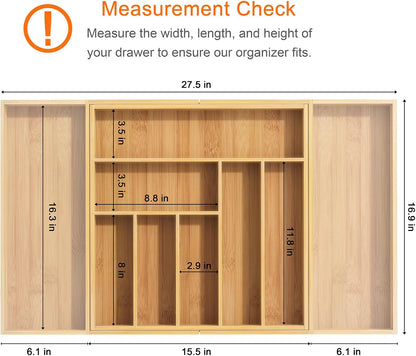 Youpehom Bamboo Utensil Organizer for Kitchen Drawers, Expandable Utensil Tray and Cutlery Silverware Holder,Wood Drawer Dividers with 7 Adjustable Slots