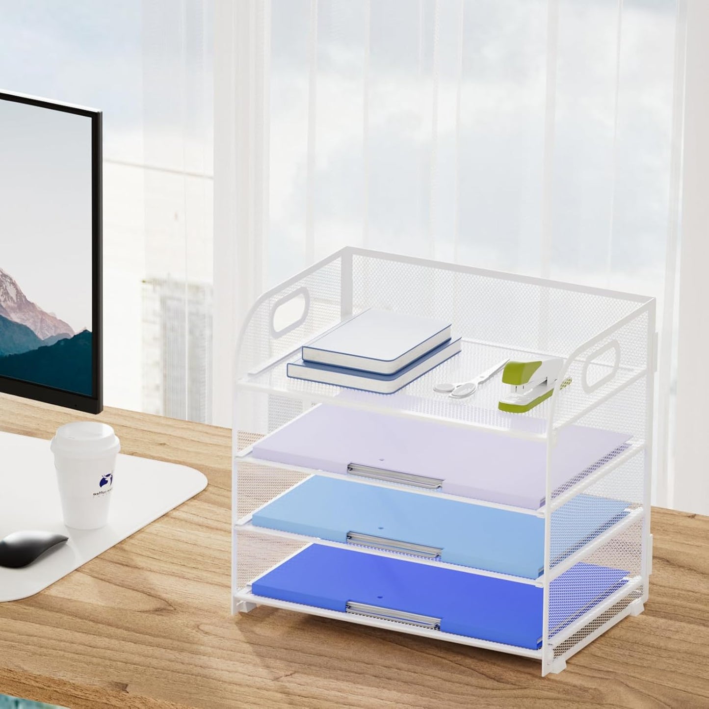 Marbrasse 4 Tier Paper Organizer Letter Tray - Mesh Desk File Organizer with Handle, Paper Sorter Organizer for Letter/A4 Office File Folder Holder (Black, 12.6" x 9.1" x 10.7")