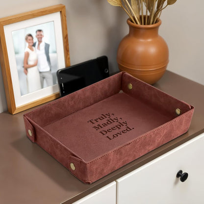 Engraved Leather Valet Tray for Men – Personalized Catchall with Custom Name for Desk, Dresser, Nightstand – Men's Organizer Tray for Keys, Wallet, Jewelry, Personalized Gift for Home, Office - Coffee