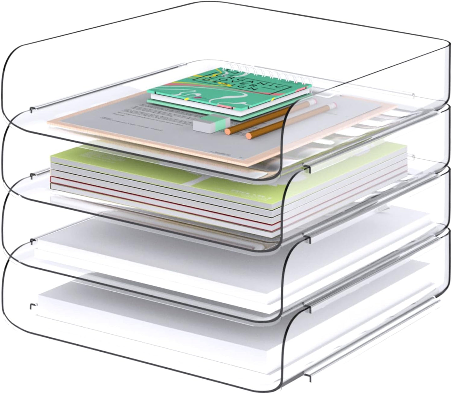 Tomorotec Desk Letter Tray Set, A4 Size Clear PET Stackable Document Organizer Office Desktop File Paper Holder Book Storage Rack Side Load Anti-Skid Stacking Support Convex Bottom (2X Landscape)