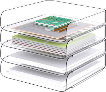 Tomorotec Desk Letter Tray Set, A4 Size Clear PET Stackable Document Organizer Office Desktop File Paper Holder Book Storage Rack Side Load Anti-Skid Stacking Support Convex Bottom (2X Landscape)