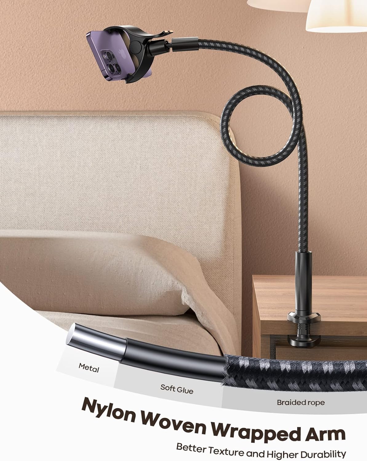 Lamicall Gooseneck Phone Holder Bed - [Nylon Braided] Flexible Arm, 38inch Overall Length, 360 Adjustable Clamp Clip, Overhead Cell Phone Mount Stand for Bed, Desk, 4-7” Cellphone, Gifts