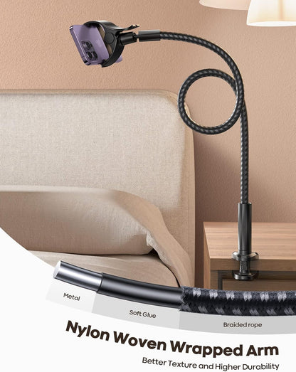 Lamicall Gooseneck Phone Holder Bed - [Nylon Braided] Flexible Arm, 38inch Overall Length, 360 Adjustable Clamp Clip, Overhead Cell Phone Mount Stand for Bed, Desk, 4-7” Cellphone, Gifts