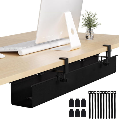 Under Desk Cable Management Tray 27.2" - No Drill Computer Wire Organizer Cable Tray, Cord Hider Clamp Mount with 16X Cable Ties PC Cables Management Cord Holder for Office/Home (Upgrade Fabric,White)