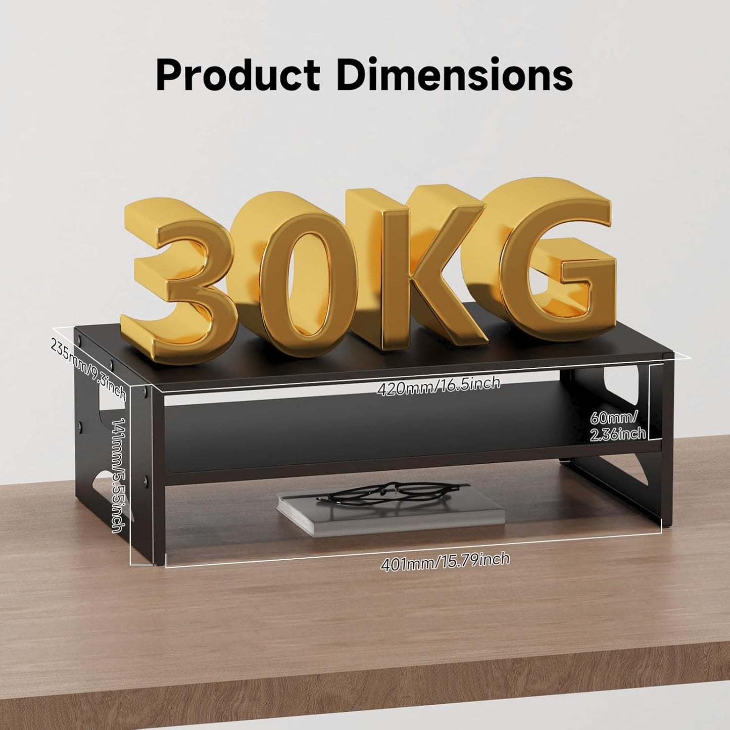 Pholiten Monitor Stand Riser, Desktop Stand, Computer Stand, Ergonomic Design, Two-Level Design, Desktop Organization, Keyboard Smartphone Storage, Printer Stand, Display Stand, 16.5 x 9.3 x 5.6