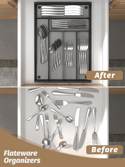 Sedegn Silverware Organizer Metal Mesh, Small Drawer Organizer, Utensil Cutlery Tray for kitchen drawers, Flatware Organizer with 5 Compartment, Black(9.3"*12.6")