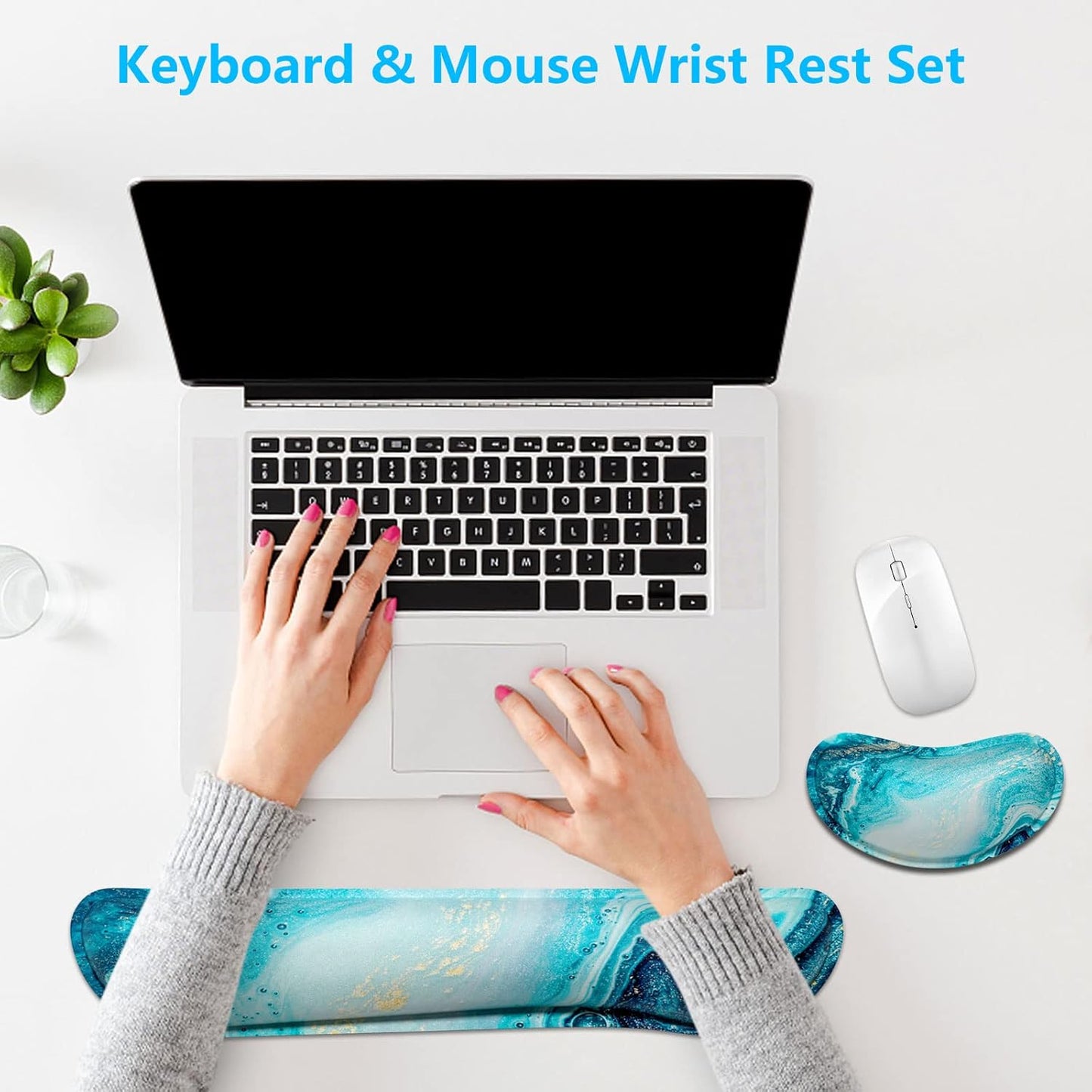 Dapesuom Enlarge Keyboard Wrist Rest, Memory Foam Wrist Cushion for Desk Mats Support, Cute Pain Relief Keyboard Mouse Pad Rests Set with Non-Slip Base for Gaming Laptop Office Computer, Green Leaf