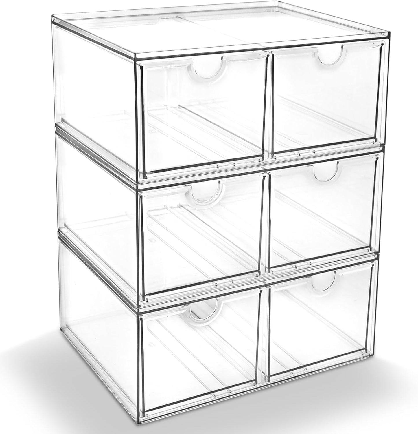 Prsildan Acrylic Makeup Organizer, 2 Pack Stackable Storage Drawers with 6 Drawers for Office Desk Vanity Craft Room Clear Drawer Organizers for Hair Accessories Art Supplies Cosmetics Modular System
