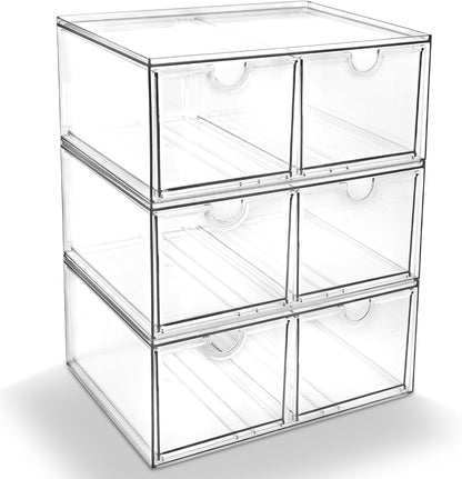 Prsildan Acrylic Makeup Organizer, 2 Pack Stackable Storage Drawers with 6 Drawers for Office Desk Vanity Craft Room Clear Drawer Organizers for Hair Accessories Art Supplies Cosmetics Modular System