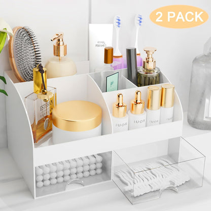 Makeup Organizer with Drawers, Cosmetic Storage for Dresser Vanity and Bathroom Countertop, Beauty Holder for Lipstick Brush, Skincare Organizer for Vanity, Cosmetic Display Case (White)