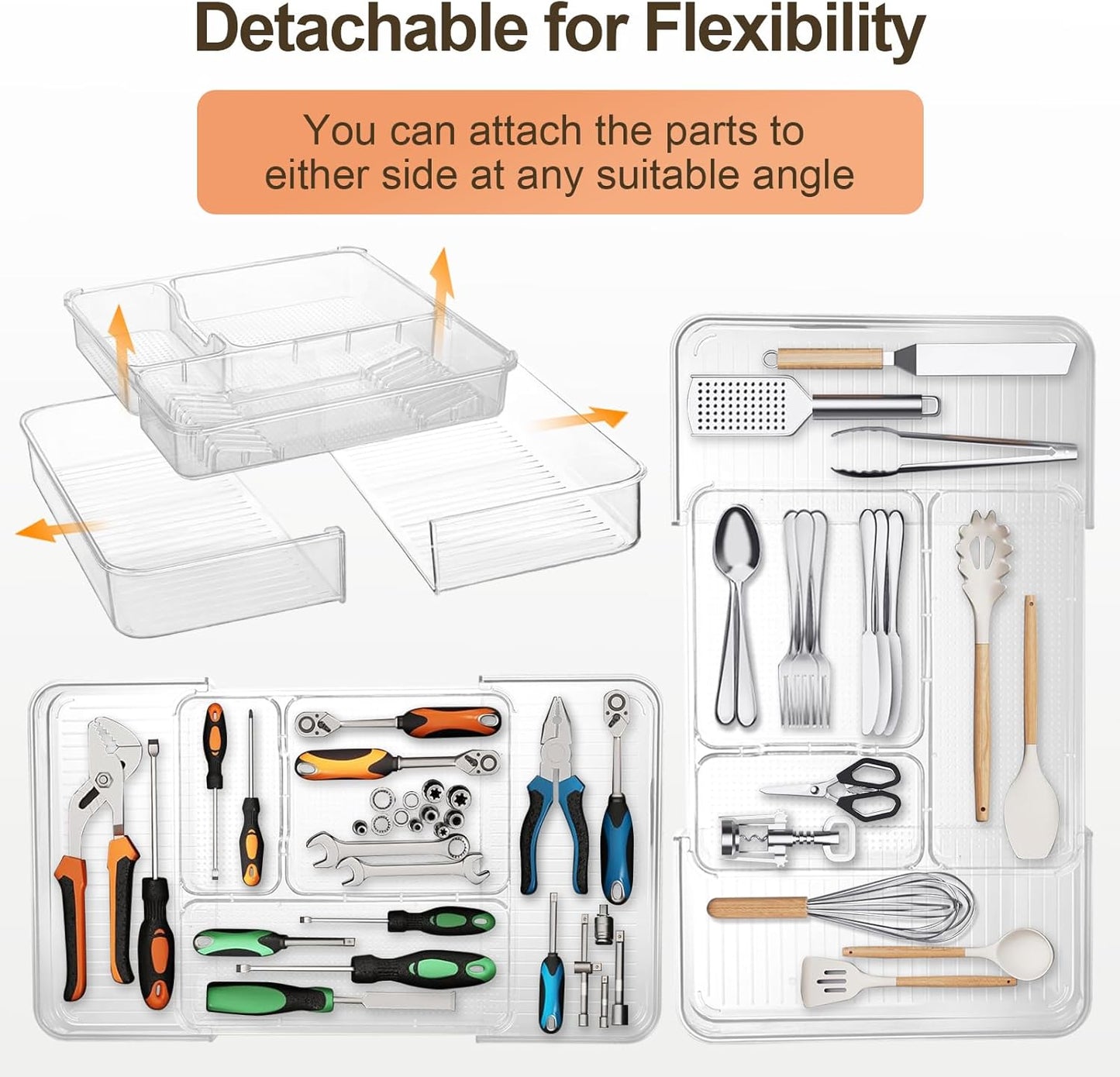 Expandable Drawer Organizer-Adjustable Shallow Tray, 11" to 19" Width,1.97" Height, Clear Plastic Storage for Bedroom, Living Room, Kitchen/Bathroom/Office/Cosmetic/Tools/Cutlery/Stationery