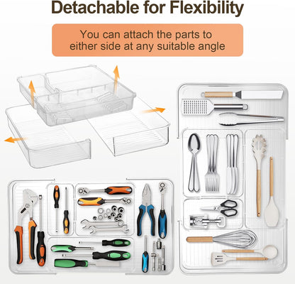 Expandable Drawer Organizer-Adjustable Shallow Tray, 11" to 19" Width,1.97" Height, Clear Plastic Storage for Bedroom, Living Room, Kitchen/Bathroom/Office/Cosmetic/Tools/Cutlery/Stationery