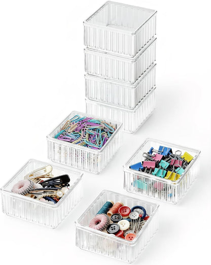 Clear Stackable Desk Organizer & Paper Clip Holder, 4 Pack - Small Desktop & Drawer Organizers for Paperclips, Binder Clips, Hair Ties, Jewelry, Pins, Multi-Purpose Storage for Office, Home & School