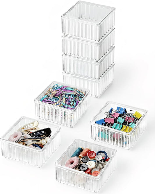 Clear Stackable Desk Organizer & Paper Clip Holder, 4 Pack - Small Desktop & Drawer Organizers for Paperclips, Binder Clips, Hair Ties, Jewelry, Pins, Multi-Purpose Storage for Office, Home & School