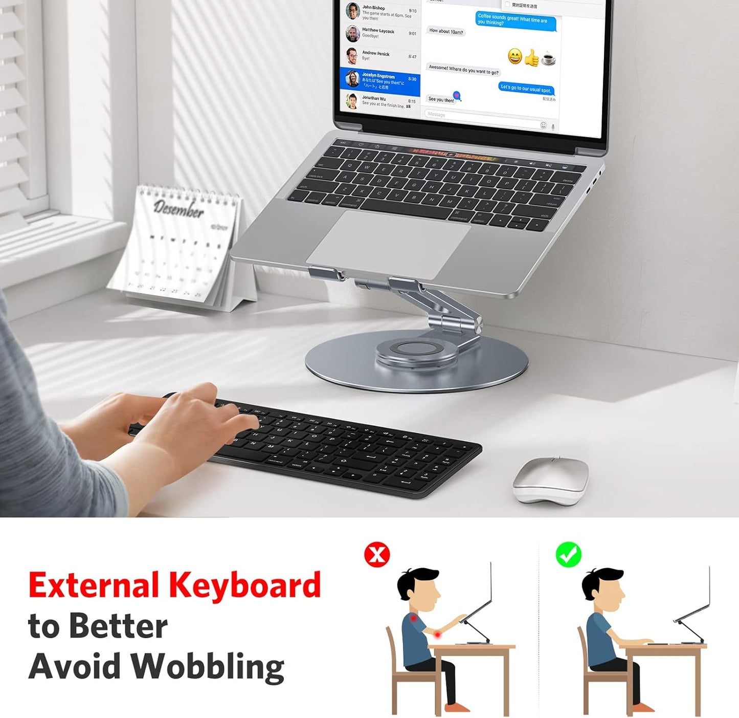 OMOTON Adjustable Laptop Stand with 360 Rotating Base, Ergonomic Laptop Riser for Collaborative Work, Dual Rotary Shaft Fully Foldable for Easy Storage, Fits All Laptops up to 16 inches, Silver
