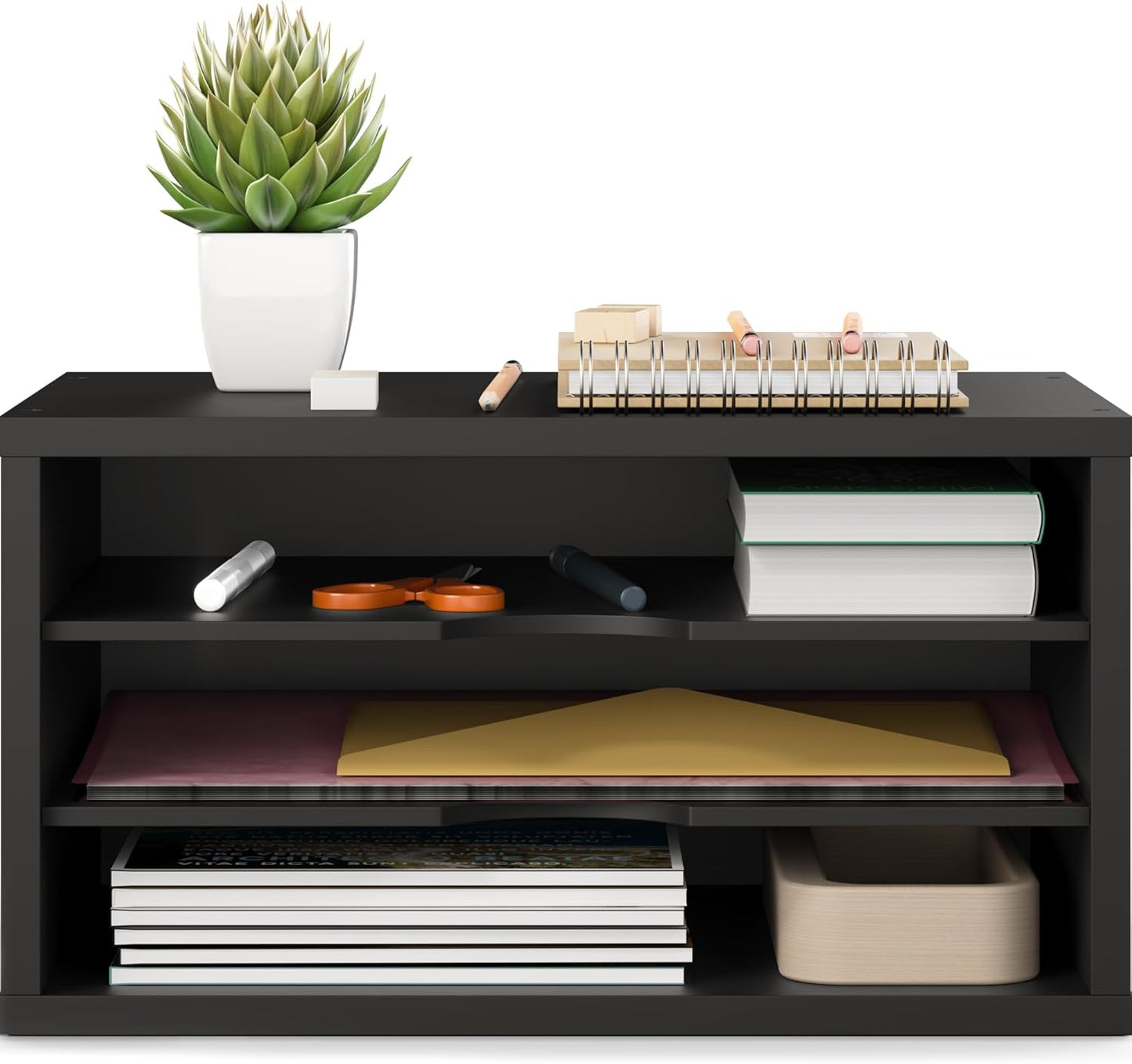 Ballucci File Organizer, 2-Tier Document Paper Sorter, Stackable Wood Desk Organizer Mail Holder, Monitor Stand with Storage Shelves, White