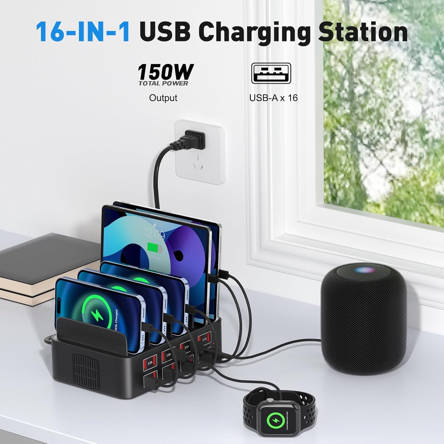 USB Charging Station, 150W 16 Port USB a Charging Station - Supports iPhone iPad Android Phones, Watches Game Consoles and Many Other Electronic Devices