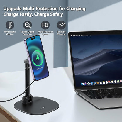 VRIG Magnetic Wireless Charger Phone Stand 360°Rotation Desktop Phone Holder Adjustable Cell Phone Stand for iPhone 17/17pro/16/15/14/13 Series Foldable Wireless Charging Station for Android/AirPod