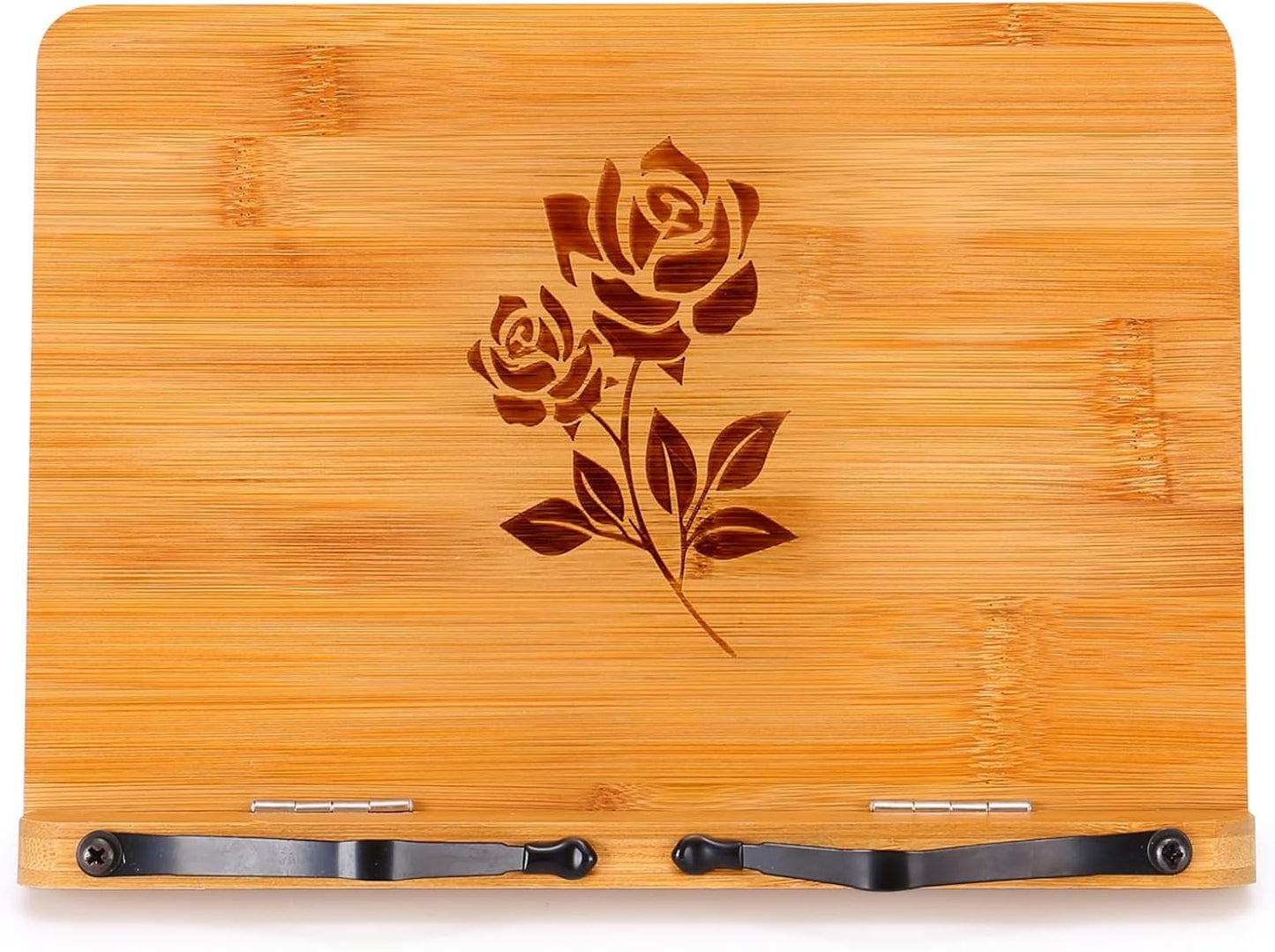 MEGREZ Bamboo Book Stand 11 x 8.0 inch, Foldable Cookbook Holder with 6 Adjustable Height, Reading Book Holder for Recipe, Music Book, Textbook, Tablet Stand, Rose