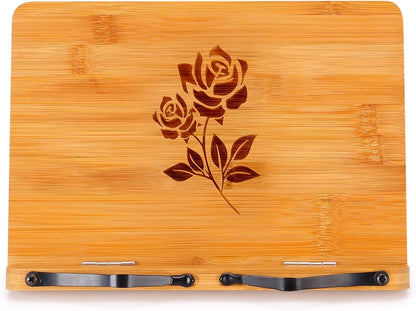 MEGREZ Bamboo Book Stand 11 x 8.0 inch, Foldable Cookbook Holder with 6 Adjustable Height, Reading Book Holder for Recipe, Music Book, Textbook, Tablet Stand, Rose