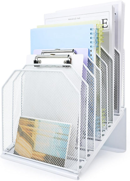 SUMMORO Inclined File Organizer for Desk, 7-Section Vertical File Folder Holder Office Desk Organizer Metal Rack File Wire Mesh Desktop Document Sorter for Office School Classroom Home (Black)