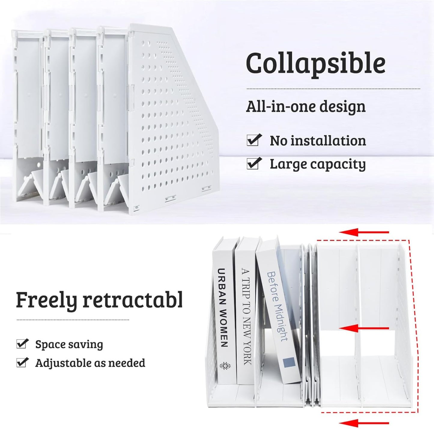 SAYEEC 2Pcs Collapsible Plastic Magazine File Holder Vertical Binder Storage Organizer for Desk Sturdy Upright Desktop Magazine Organizer Folder Rack for Office School Home (3 Compartments, Black)