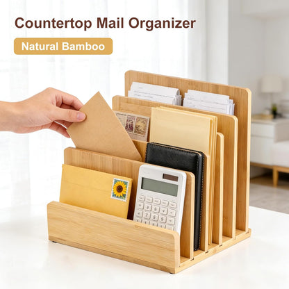 Bamboo Desk File Organizer, 5-Section Vertical Mail Sorter, Home Office Desktop Holder for Folders, Letters, Envelopes, Bills, Documents Storage