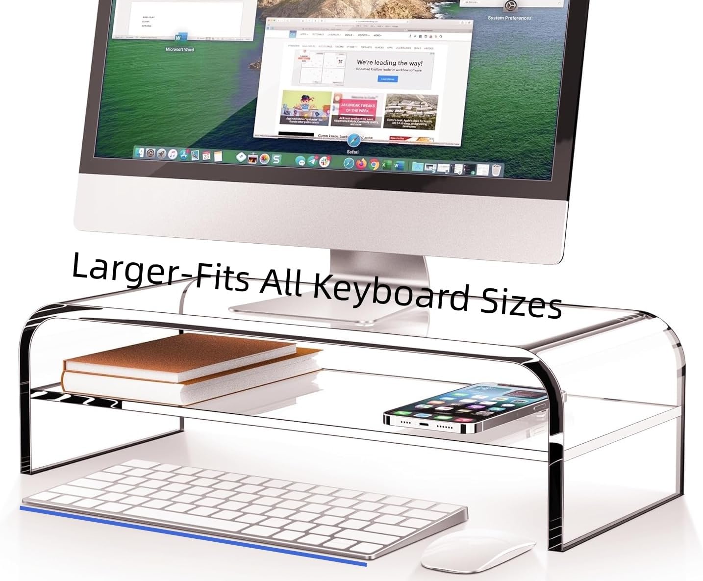 Acrylic Monitor Stand, 2 Tier Riser with Storage Shelf, Clear, 16/20 Inch, Home Office Desk Organizer (16in)
