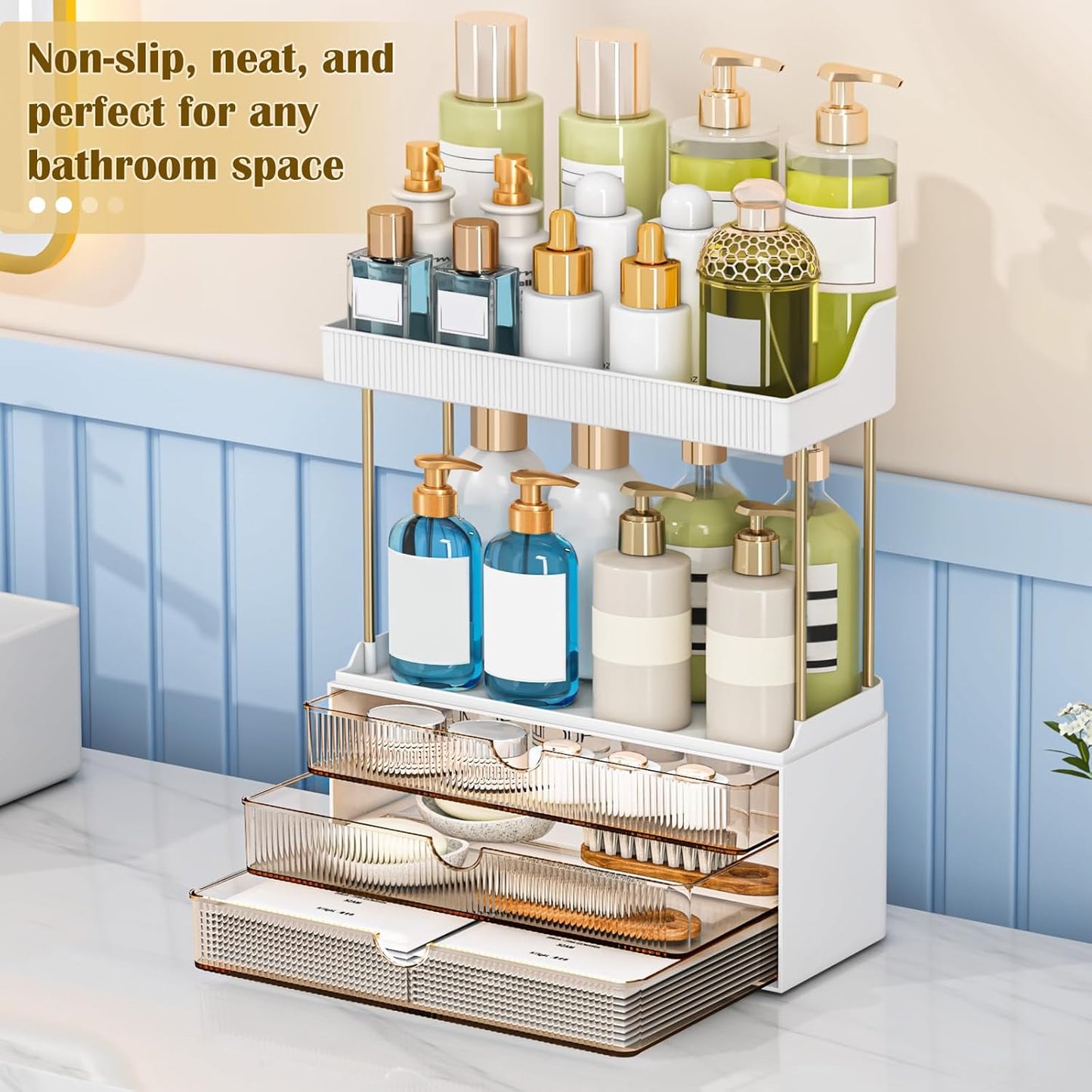 caktraie 12.2" W Makeup Organizer Drawers - 5 Tiers Bathroom Counter Organizer, Cosmetic Storage Drawer for Dresser Countertop and Bathroom Vanity for Large Skincare, Perfume, Clear