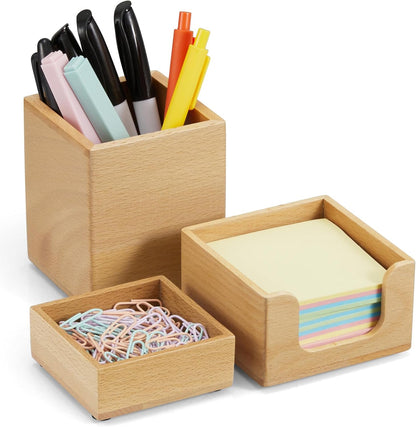 Desk Organizer Set of 3 - Bamboo Office Desk Accessories - Desk Organizers and Accessories for Women Men - Set incl. Pencil Pen Holder, Paperclip Storage and Sticky Note Holder